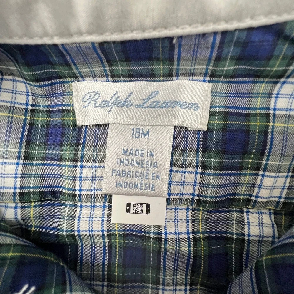 Ralph Lauren Plaid Dress Set Kids 18M Navy Green Ruffle Peter Pan Collar Preppy
